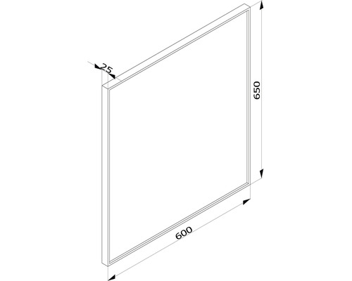 Dessin technique d''un panneau mesurant 600 mm sur 650 mm et d''une épaisseur de 25 mm