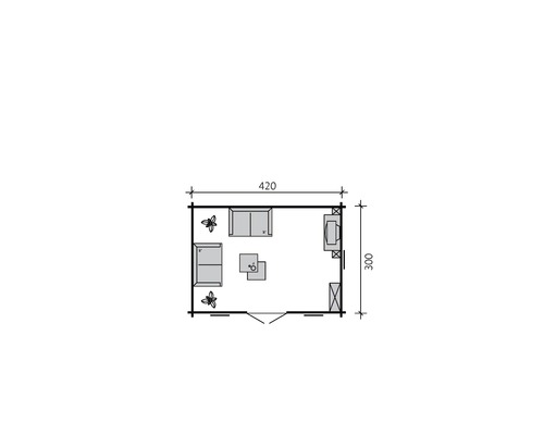 Plan d''un pavillon de jardin avec mobilier et dimensions de 420 sur 300 centimètres