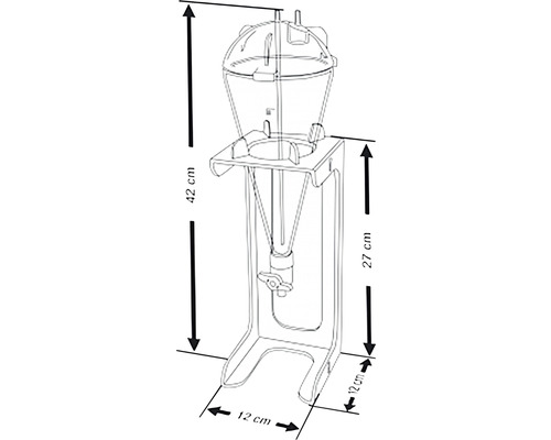 Zeichnung eines Dosierspenders mit den Maßen 42 cm Höhe, 27 cm Höhe und 12 cm Breite