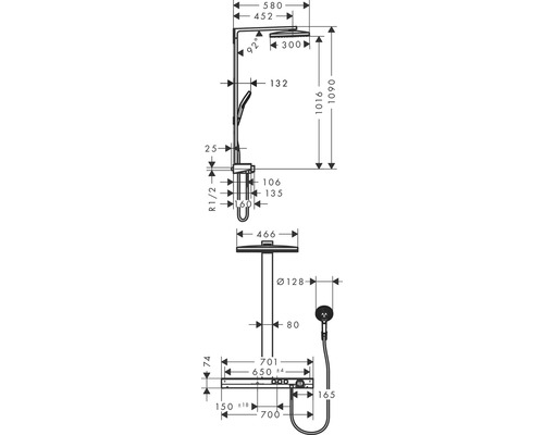 Dessin technique d''une robinetterie de douche avec dimensions