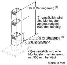Schéma technique hotte aspirante avec indications de dimensions pour l''extension de la tour de montage