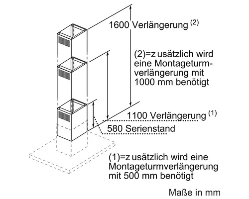 Schéma technique d''une hotte aspirante avec indications de dimensions en millimètres