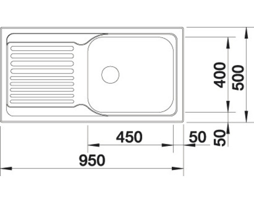 Zeichnung einer Küchenspüle mit Abmessungen 950 x 500 Millimeter