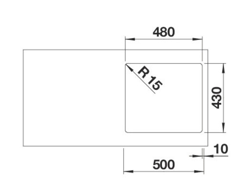 Dessin technique d''un évier avec les dimensions 480, 430 et 500 millimètres