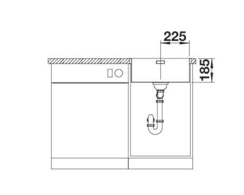 Schéma d''un évier de cuisine avec meuble bas et les dimensions 225 et 185.