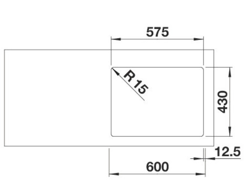 Schéma technique d''un évier avec les dimensions 575, 430, 12,5 et 600 millimètres.