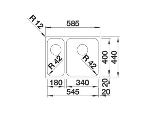 Dessin technique d''un évier à deux cuves avec indications de dimensions