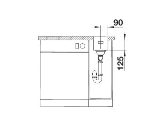 Zeichnung eines Spültischunterschranks mit Maßangaben.