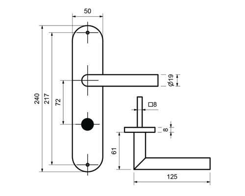 Technische Zeichnung eines Türdrückers mit Maßen.