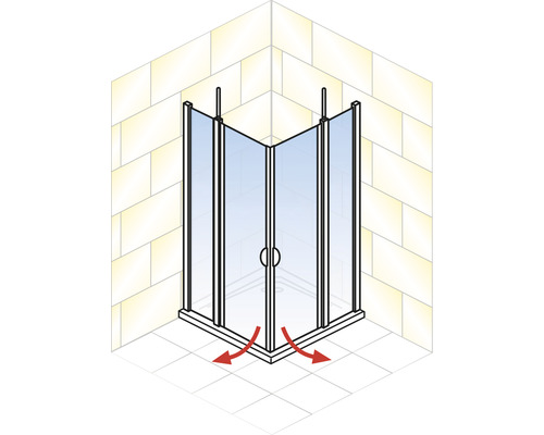 Eckdusche mit zwei roten Pfeilen, die die Richtung des Wasserabflusses anzeigen
