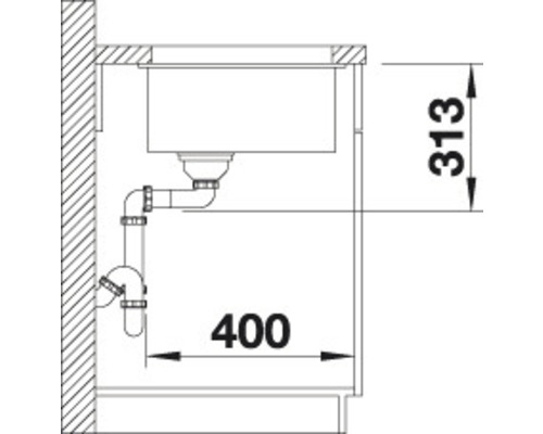 Skizze einer Spüle mit Maßangaben zu den Abmessungen