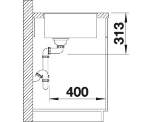 Schéma d''un évier avec siphon et indications de dimensions pour l''installation