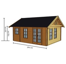 Illustration d''un abri de jardin en bois avec fenêtres et double porte, dimensions 560 x 350 x 235 cm