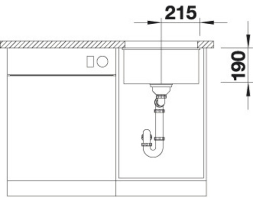 Skizze einer Spüle mit Abmessungen, inklusive Siphon und Spülmaschine