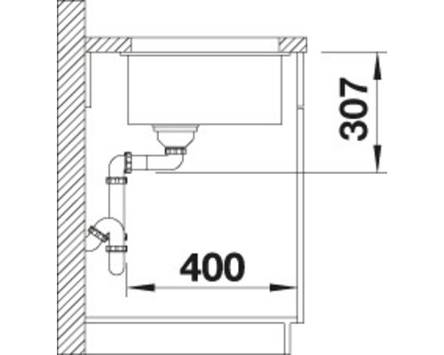 Schéma d''un évier avec tuyau de drainage et indications de dimensions