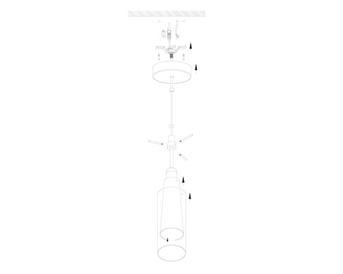 Explosionszeichnung einer Pendelleuchte mit Glaszylinder und Aufhängung