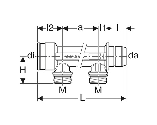 Technische Zeichnung eines Geberit Verteilerbalkens mit Maßangaben