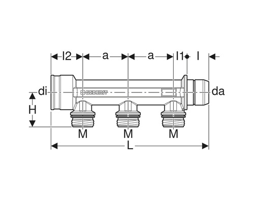 GEBERIT PushFit Verteiler 3-fach Messing 28 mm x M25 mm mit Steckanschluss 653.423.00.1