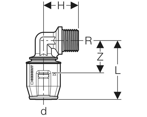 Technische Zeichnung eines Geberit Eckventils mit Maßangaben