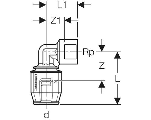 Technische Zeichnung eines Geberit Winkelstücks mit Maßangaben.