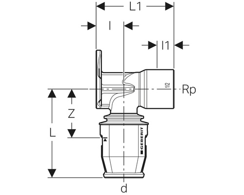 Schéma technique d''un raccord coudé pour appareil Geberit avec indications de dimensions