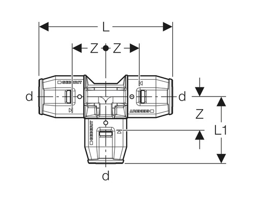Geberit T-Stück Schema mit Maßangaben