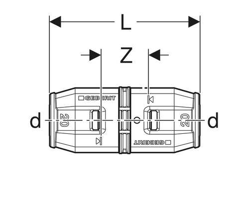 Dessin d''un raccord de transition Geberit avec indications de mesure