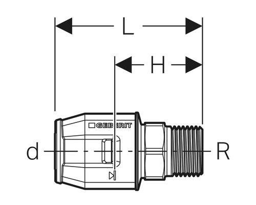Technische Zeichnung eines Geberit Geräteanschlusswinkels mit Maßangaben
