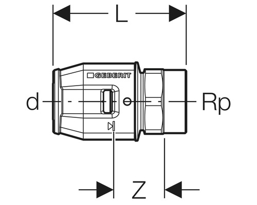 Technische Zeichnung eines Geberit Übergangsnippels mit Maßangaben