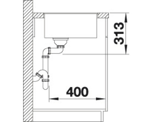 Technische Zeichnung eines Spültischs mit Abmessungen 400 mal 313