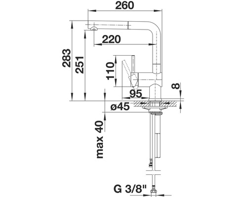 Technische Zeichnung einer Küchenarmatur mit Maßangaben.