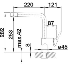Technische Zeichnung einer Küchenarmatur mit Maßangaben.