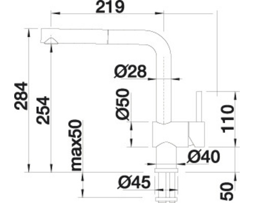 Technische Zeichnung einer Küchenarmatur mit Maßen