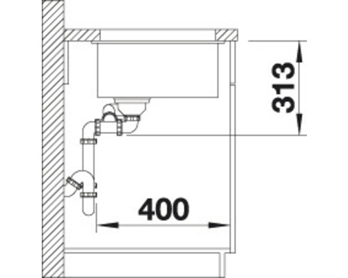 Technische Zeichnung eines Spülbeckens mit Abmessungen 313 und 400.