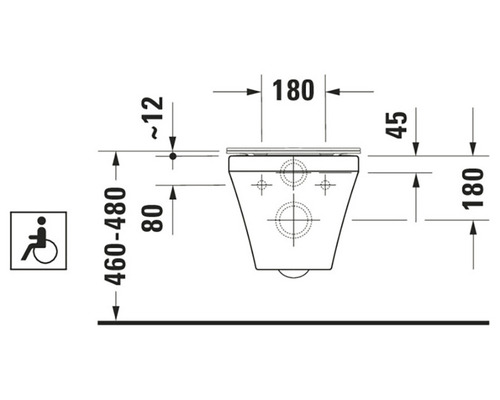 Schéma technique de toilettes avec dimensions et symbole pour personnes handicapées