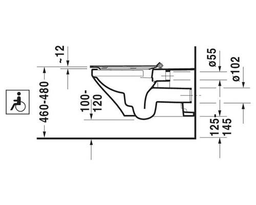 Schéma technique d''un WC suspendu avec dimensions et symbole d''accessibilité.