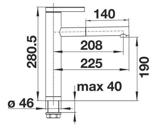 Schéma technique d''un robinet avec indications de dimensions.