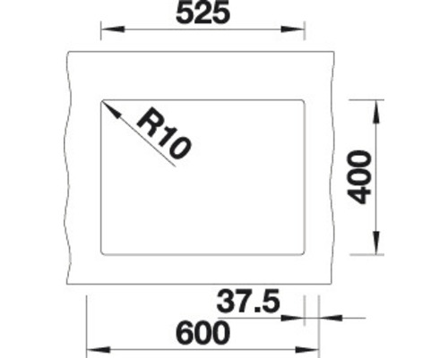 Schéma d''un évier avec les dimensions 525, 400 et 600 mm