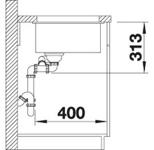 Zeichnung einer Spüle mit Abmessungen 313 und 400.