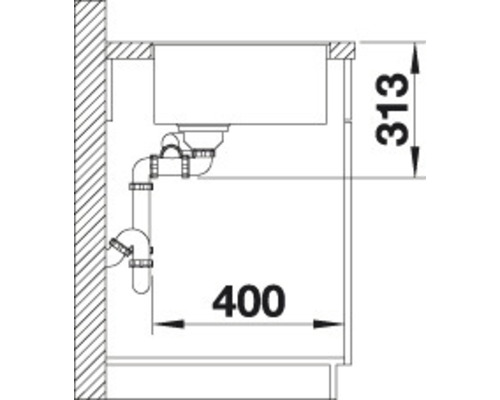 Zeichnung einer Spüle mit Maßen 313 und 400 für die Küchenplanung