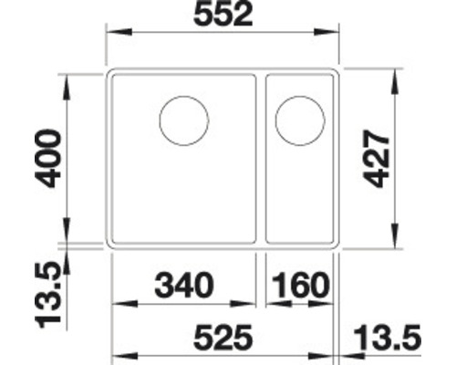 Technische Zeichnung einer Spüle mit Abmessungen