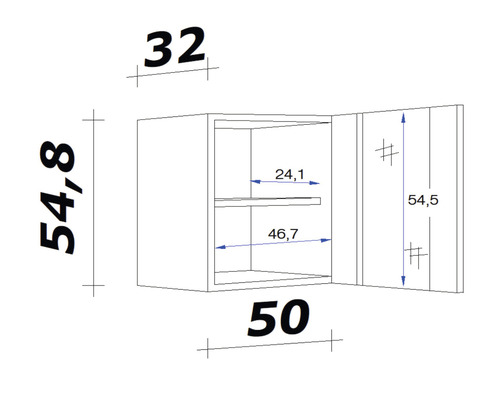 Technische Zeichnung eines Hängeschranks mit Maßangaben