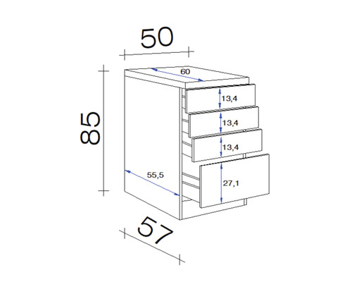 Dessin technique d''un meuble bas avec quatre tiroirs et indications de dimensions