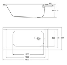 Technische Zeichnung einer Badewanne mit Maßangaben