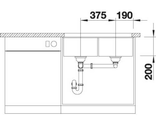Schéma technique d''un évier à deux bacs et d''un meuble bas avec indications de dimensions