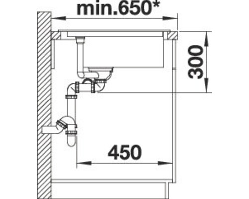 Skizze einer Spüle mit Maßangaben für den Einbau
