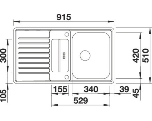 Technische Zeichnung einer Spüle mit Abmessungen