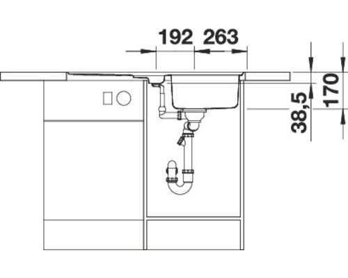 Technische Zeichnung einer Spüle mit Maßangaben für die Montage.