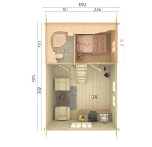 Plan d''un chalet en bois à deux étages avec salon, chambre et salle de bain