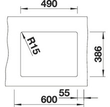 Technische Zeichnung mit Maßangaben für ein rechteckiges Produkt, 600 x 386 Millimeter